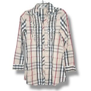 Burberry Classic Nova Check Plaid Button Down Ruffle Shirt Women’s Blouse Size M